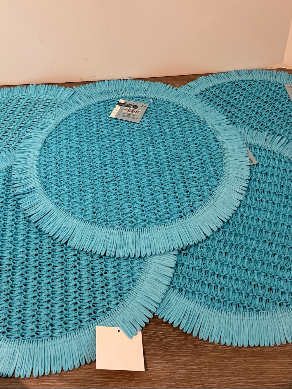 Pretty Turquoise Round Woven Fringe Edge Placemats- Set of 6- NWT